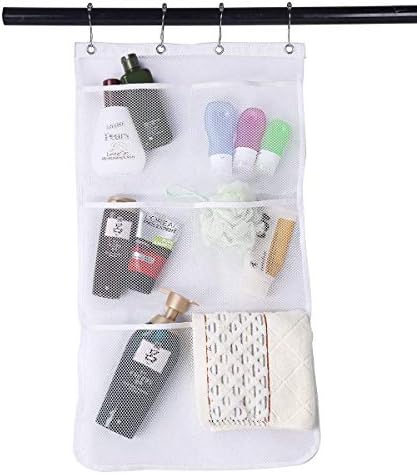 BOMIEN Mesh Pockets Quick Dry Hanging Caddy Bath Organizer 6-pocket, Bathroom Tub Shower Hanging Storage Bag Shower Organiser with Over the Door Hooks, White