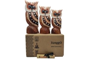 SusggO - Set di 3 gufi in legno portafortuna, decorazione, artigianato per ornamento mobili, gatto portafortuna (3 gufi ala marrone con punti mod. 1 BAMPT1)