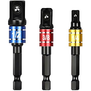 Impact Grade Socket Adapter Set - 3-Piece, 1/4" Hex To 1/4", 3/8", 1/2" Square Drive, Turns Drill Into Nut Driver