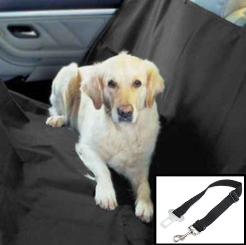Heavy Duty Waterproof 2-in-1 Car Split Velcro Rear Seat Protector & Boot Liner plus Dog Lead Seat Belt