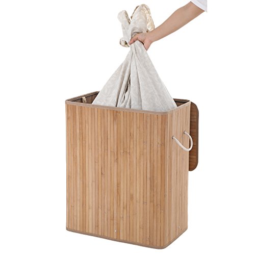Songmics Groß 100L Bambus Faltbar Wäschekorb Bodenkorb mit 2 Fächern LIGHTS&DARKS 3 Griffe LCB65Y - 6