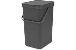 Brabantia Sort & Go 16L Cubo de basura (gris), cubo basura reciclaje con asa y tapa con posición abierta, papelera cocina para reciclaje con diseño multi-talento, fácil de limpiar