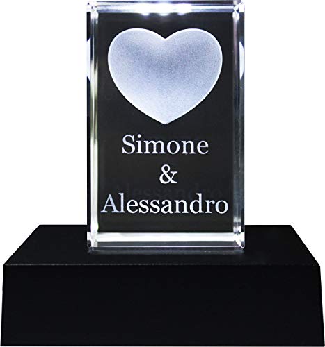Galerie Kristall Quader mit Herz inkl. Wunsch-Namen oder Wunsch-Text mit LED-Licht-Sockel (40 x 40 x 60mm, Herz)