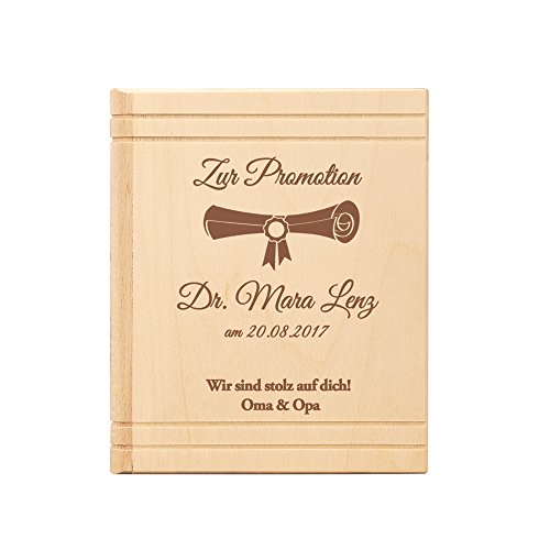 Spardose Buch aus Holz - mit Gravur zur Promotion – Personalisiert mit Namen und Datum – Motiv Urkunde - Sparbüchse aus Birkenholz als Geschenk zum Doktortitel – Sparschwein als Abschlussgeschenk