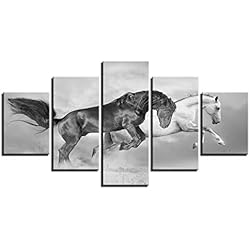 WLHAL Lienzo HD Imprime Fotos Marco de Decoración para el hogar 5 Unidades Caballos Blancos Negros Cuadros Corrientes Animal Poster Sala de Arte de La Pared