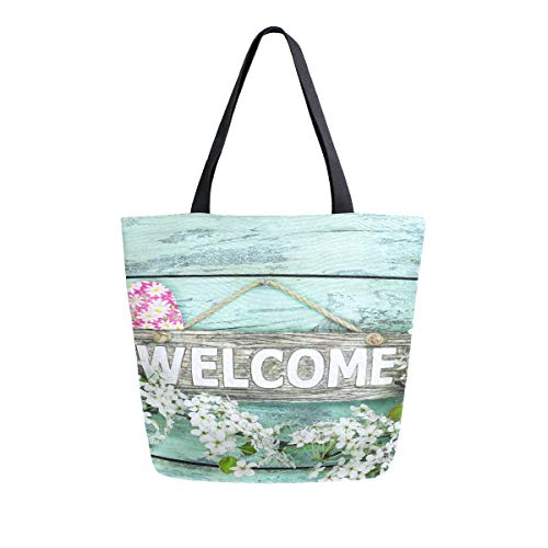 Preisvergleich Produktbild Willkommensschild auf Holzbrett mit Blume Tragbare Große Doppelseitige Canvas Tragetaschen Handtasche Schulter Wiederverwendbare Einkaufstaschen Duffel Geldbörse Frauen Männer Lebensmittelgeschäft
