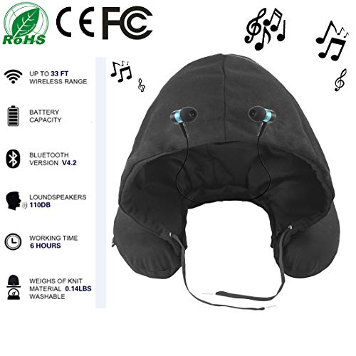 Preisvergleich Produktbild ONEBUYONE KissenAufblasbar Reisekissen Nackenkissen Unisex Bluetooth 4.2 U-förmiges Musikkissen mit Hut für Mann und Frau