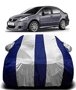 ANOXE 190T Imported Fabric Car Cover for Maruti Suzuki SX4 with Ultra Surface Body Protection (White Stripes)