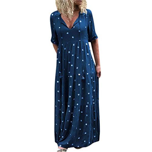 LEXUPE-Robe imprimée à Pois pour Femmes à la Mode à épaules dénudées et à Volants(Bleu,XX-Large,Polyester)