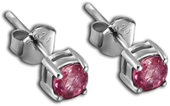 925 Silver Studs Earrings Handmade with Genuine Gemstone Rose Pink Green Yellow Brazil Tourmaline in Round Charming Shape for Women Girls (Pink)