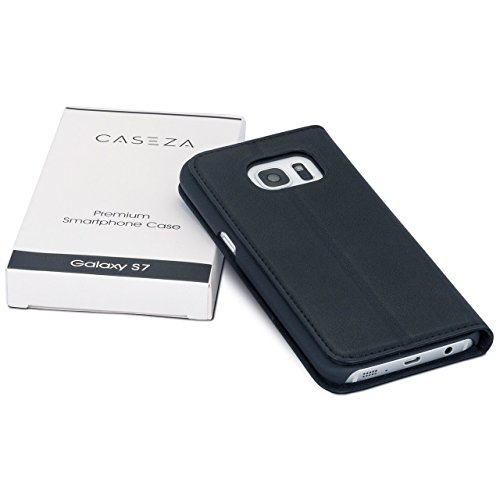 CASEZA Galaxy S7 Funda tipo libro piel PU Negro - Case Cover Carcasa plegable cartera Oslo piel vegana premium para Samsung Galaxy S7 original - Ultrafina con cierre magn  tico