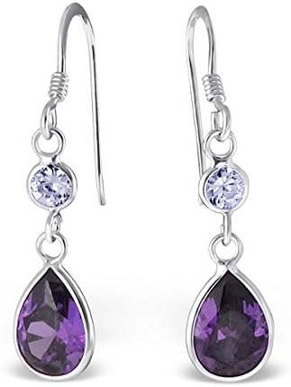 Si Si Select - 925 Sterling Silver Dangly Earrings - Amethyst Oval &amp; Lavender Round CZ Drop - Free Gift Box
