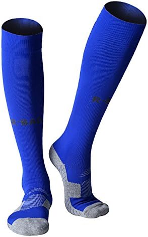 Football socks for men women long Running Sports Compression Sock thick boys Cushioned Support Socks Knee High Breathable Soccer Hockey Tube tranning Socks 1 Pairs multipack (blue)