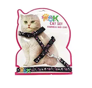 PSK PET MART Cat Adjustable Nylon Printed Harness Strap Collar with Leash Set Small Pet Walking for Kitten, Black