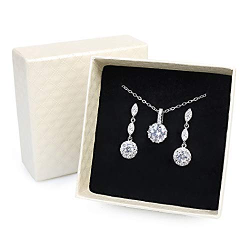 Mujeres Moda Pendientes Collar Circonita Cúbica Talla Redonda Stud Cuelgan aretes Collar Sistema de la Joyería