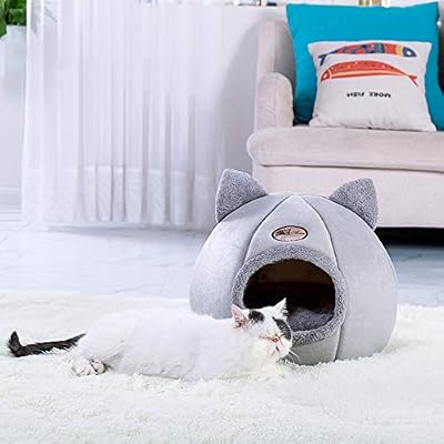 Urijk 2 en 1 Tente Lit Chat Maison avec Coussin pour Chien Chat Igloo Chat Confortable Nid Chiot Ultra Doux Respirant Portable Panier Niche Caverne (Gris, 45x30x15cm)