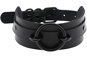 Borsgye Punk Leather Goth Choker Collar Adjustable Rock PU Leather Choker Necklaces Teen Girls Cosplay Jewelry Vintage Necklaces Black Circle – Black
