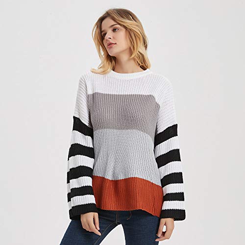 Suéter a Rayas para Mujer,Suéter de Manga Larga Suéter de Otoño e Invierno Color a Juego de Color Cuello Redondo (L)