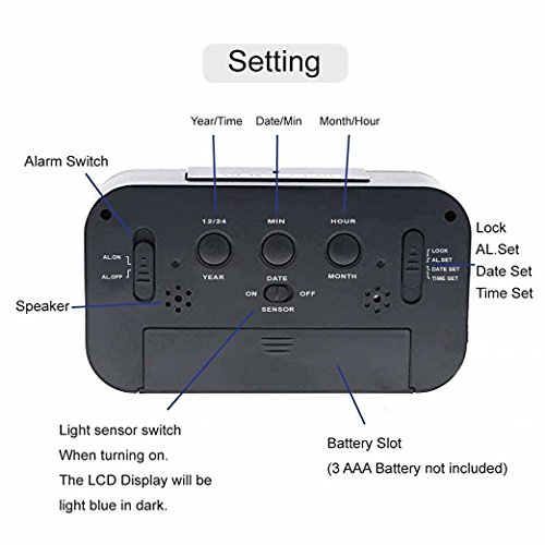 5,3″ LED Digitaluhr Wecker Beleuchtung Digitalwecker Reisewecker mit Datum und Temperatur Anzeige, Schlummertaste, Sensorlicht und Nachtlicht – Schwarz(Black) - 4