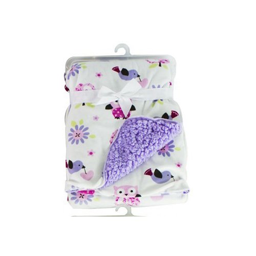 Baby Sherpa Mink Printed Pram Buggy Blanket Wrap Thick, Purple Owls