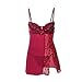 Produktbild Damen Satin Nachthemd Negligee Babydoll Spitze Dessous Lingerie Nachtwäsche V Ausschnitt Spaghetti Träger Kleid mit G-String Sleepwear