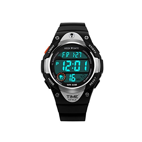 Time Style® Kinder Digitaluhr Sportlich Design Uhr für Mädchen Jungen 50M WR Zeit Datum Anzeige EL Luminous Hintergrundbeleuchtung Stundensignal Stoppuhr Alarmfunktionen Schwarz Kinder Armbanduhr