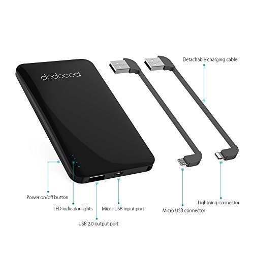 dodocool Mini Bater  a Externa MFI Certificado 5000mAh Ultrafino 2 Puertos Cargador Port  til con Micro USB Cable y Cable de Lightning Desmontable para iPhone 8   8 Plus   X   7   7 Plus   Samsung y otros Negro