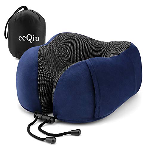 Cuscino da viaggio di eeQiu - Cuscino di volo in memory foam e comodo cuscino per la testa Cuscino per il collo Supporto per il collo progettato appositamente per aeroplano, auto e ufficio (Navy)