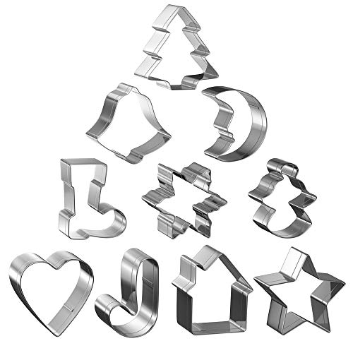 HuanQ Cortador de Galletas navideño de 10 Piezas, Juego de Cortador de Galletas de Acero Inoxidable, Hacer Galletas, Galletas, Pasteles, Fondant, Chocolates, Queso o Arcilla Artesanal
