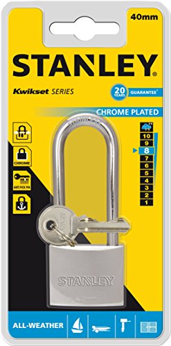 STANLEY Solid Brass Chrome plated Vorhangschloss 40mm mit hohem Bügel, 3 Schlüssel,S742-016, Schloss, Bügelschloss - 3