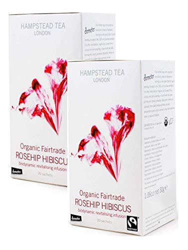 Hampstead Tea London Organic Rosehip Hibiscus Infusión revitalizante biodinámica/Revitalizante orgánico y Biodinámico Roseflower & Hibiscus Herbal Tea - 2 x 20 sobres (60 gramos)