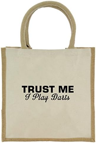 Trust Me I Play Darts in Black Print Jute Midi Shopping Bag with Beige Handles and Trim