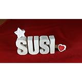 Beton, Steinguss Buchstaben 3 D Deko Schriftzug Namen SUSI als Geschenk verpackt! Ein ausgefallenes Geschenk zur Geburt, Taufe, Geburtstag oder auch zu anderen Anlässen.