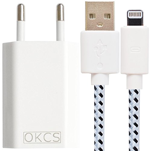 Original OKCS® Ladeset - 1A Netzteil + 1 Meter Textilkabel - Ladekabel, Datenkabel Textil geflochten -iOS 9 kompatibel- USB 2.0 passend für iPhone 6s Plus / 6s / 6 Plus / 6 / 5s / 5c / 5, iPad Air / 2, mini / 2 / 3 / 4, iPad 4, iPad Pro, iPod touch 5th generation, und iPod nano 7th generation in weiß