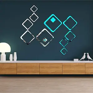WallDaddy 12 Square Silver Blue Product id 27 Mirror Acrylic 3D Wall Sticker Decoration for Kids Room/Living Room/Bedroom/Office/Home Wall