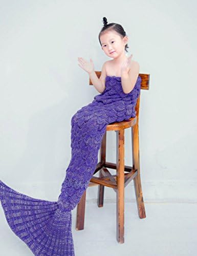 All season sleeping bag mermaid fish scale pattern blanket kids handmade knitted warm living room sofa throws Holiday birthday present(purple)