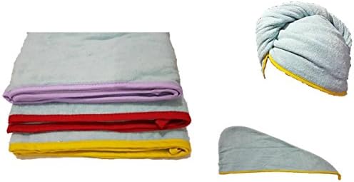 100% COTTON QUICK HAIR DRYING TOWEL TURBAN Twist Wrap Loop Button Hat Cap TERRY (Light Blue with Lilac Edging)