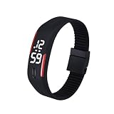 Fulltime® Herren LED Digital Display-Armband-Armbanduhr Tag/Datum, Silikon-Band Super Slim-Sport-Uhr, wasserfest, weiße LED-Licht, 220mm Armband,Schwarz Rot