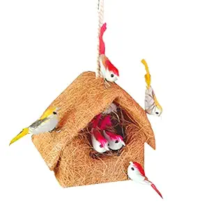 LIVEONCE Coir Hang House nest for Decoration with 5 Birds Color -Brown ,w -8 cm, H -12 cm ,L-8 cm -1 Piece