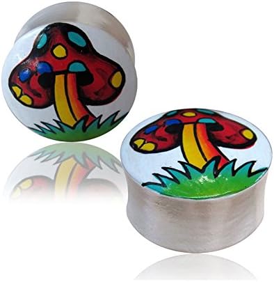 Hand Painted Funky Mushroom Wooden Flesh Plug for Stretched Ear Lobes and Ear Expanding - Flesh Tunnels (10mm)