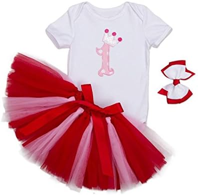 Mornyray Baby Girls 1st Birthday Tutu Short Outfit Newborn Princess Dress 3PCS,Red 1Y,6-12M