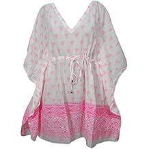 Mogul Interior Womens Short Caftan Dress White Cotton Bikini Cover Up Kaftan L