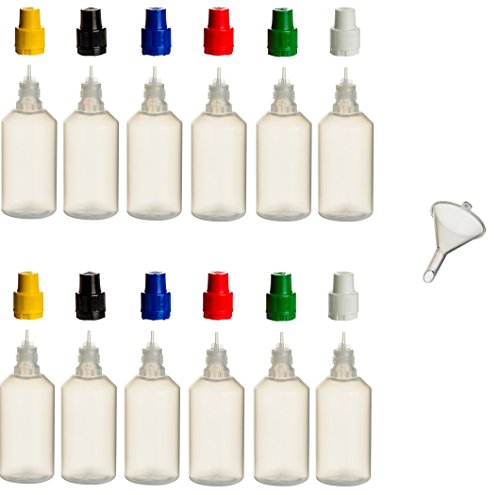 12 Stück 50 ml PP-Flaschen MIT FARBIGEN DECKELN + Füll-Trichter - Quetschflasche Leerflasche Kunststofflasche Plastikflasche Spritzflasche quetschbar zum befüllen und mischen auch Liquide