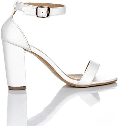 Womens Ladies Block High Heel Ankle Strap Peep Toe Strappy Sandals Shoes Size 3 4 5 6 7 8 (6, White)