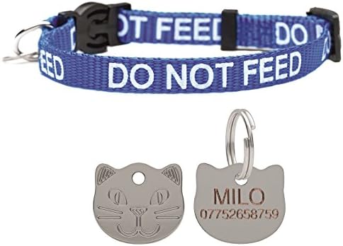 Cat Collar Do Not Feed With Bell Quick Release Free Engraved Cat Face ID Tag (Blue)