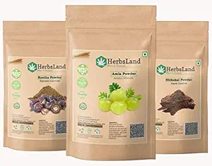 HerbsLand Pure Bio Organic Amla Reetha Shikakai Powder for Face | Skin Care | Scalp with Anti-Dandruff Treatment | Hair Growth Natural Shampoo | Double Filtered for Shiny Hair (75 gm Each) (225 gm)