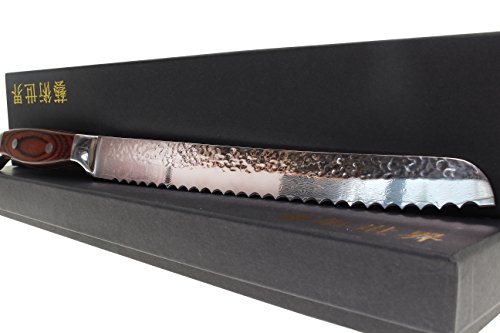 Edles Brotmesser 35cm Damast Stahl 67 Lagen – langes Brotsäge Messer Wellenschliff Pakka Holz Griff - 6