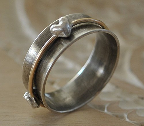 Artisan Sterling Silver and 14k Gold Filled Spinner Ring with Fine Silver Hearts Artisan Sterling Silver and 14k Gold Filled Spinner Ring with Fine Silver Hearts