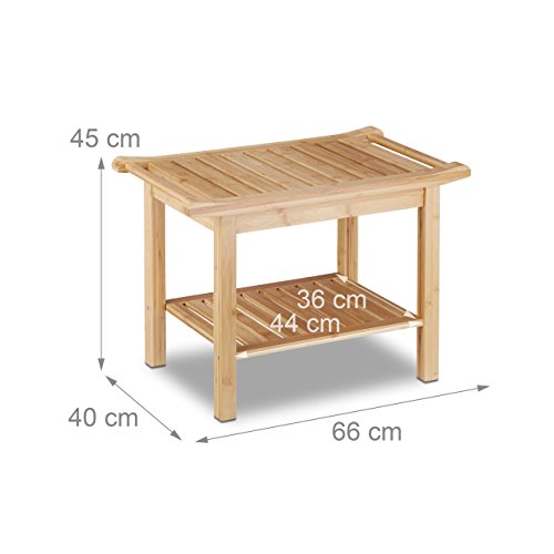 Relaxdays Badezimmer Bank Bambus, Sitzbank Bad, Ablage Badhocker Holz, HxBxT: 45 x 66 x 40 cm, Badezimmermöbel, natur - 2