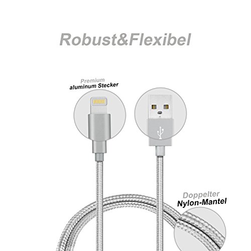 GlobaLink®[3 pack]1m,2m,3m iPhone Kabel [Nylonbeschichtetes, verwicklungssicheres USB-Sync- Kabel mit Aluminium Leiter] hohe Qualität,Modernes Desgin, Lebenslange Garantie für iPhone7 7Plus iPhone 6S Plus 6S 6 Plus SE 5S 5C 5 iPad Mini 2 3 4, iPad Pro, iPod und alle Apple-Geräte(Grau) - 2